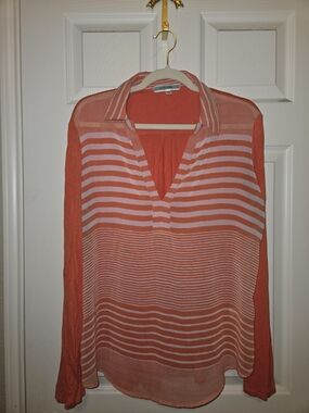 Pleione Striped Coral and White Long-Sleeve Blouse